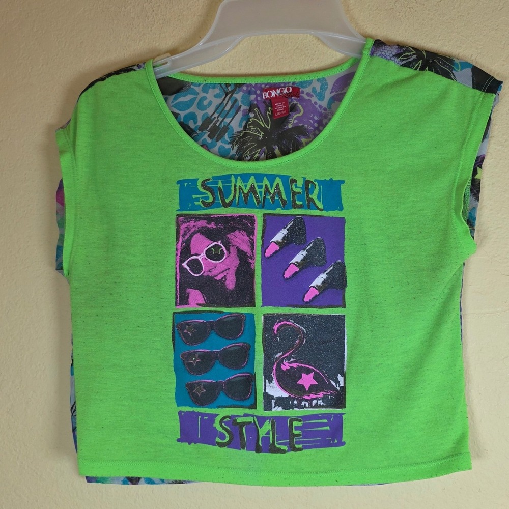 Bongo Girls Neon Green Summer Style Graphic Tee Sheer Mesh Back Size L 10/12‎